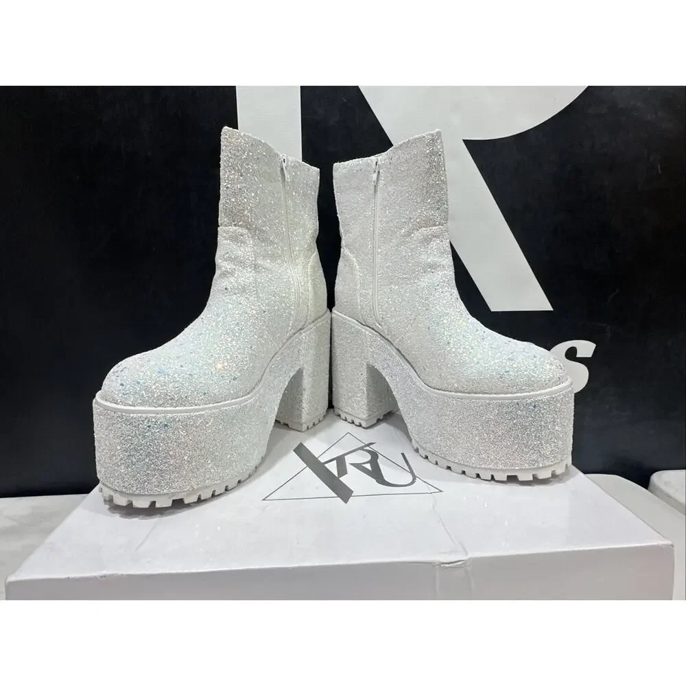 Y.R.U. Krush Platform Boots in White Glitter - Size 10 - Picture 3 of 9